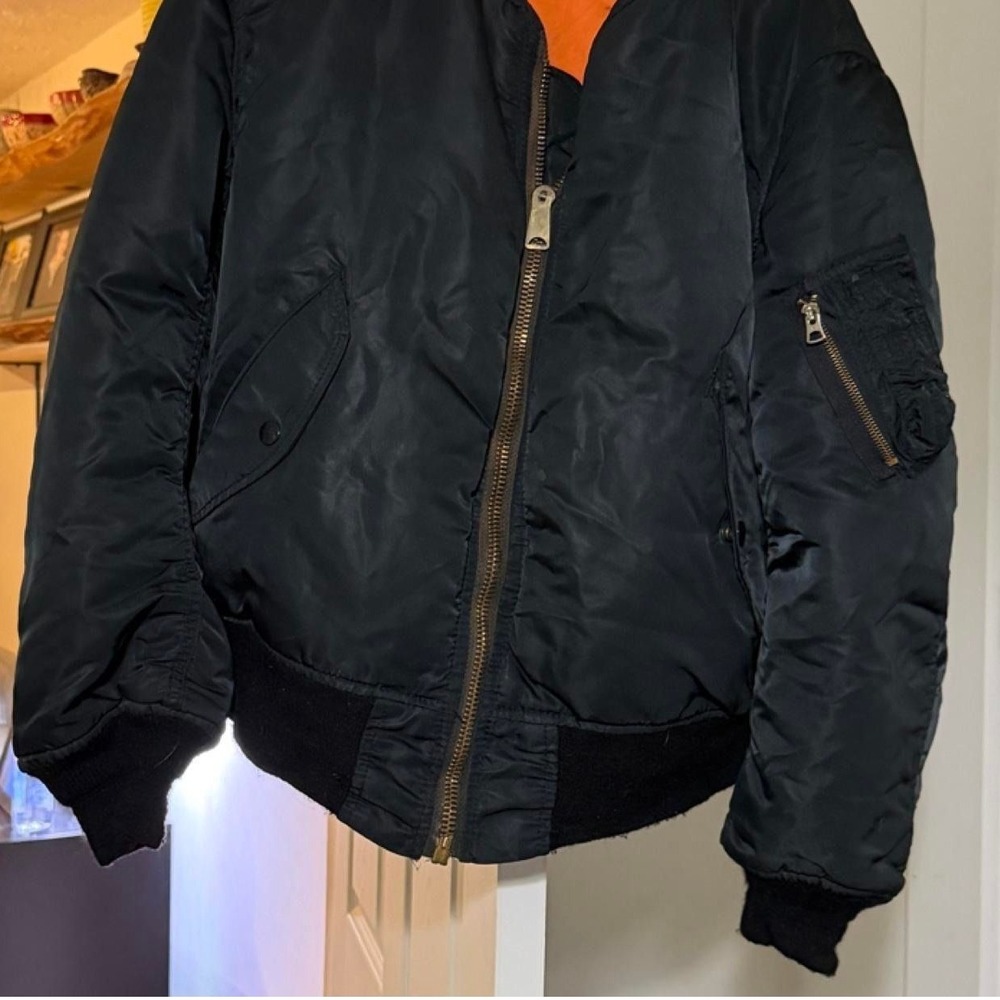 00070- Vintage Black MA-1 Bomber Flight Jacket Orange Lining Utility Pocket